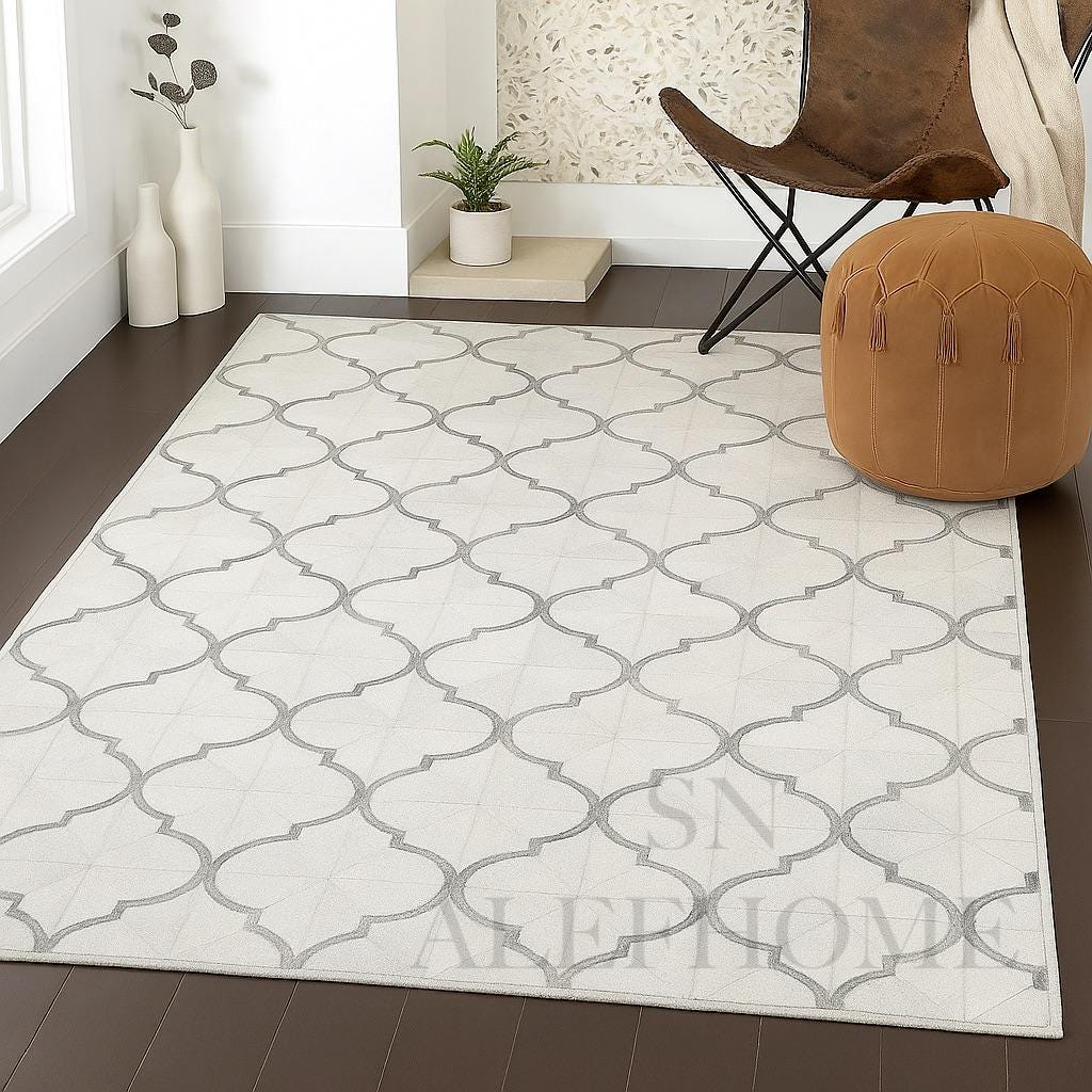 White Cowhide Patchwork Rug – Geometric Hair-On Leather Statement Carpet for Modern Home Décor