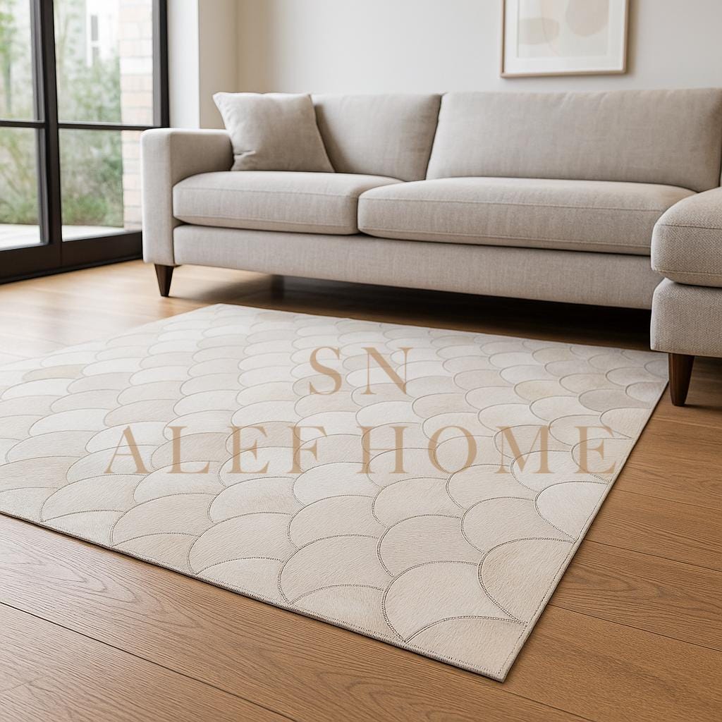 Half-Moon Design Cowhide Rug – Handmade Hair-On Leather Patchwork Carpet for Modern Home Decor