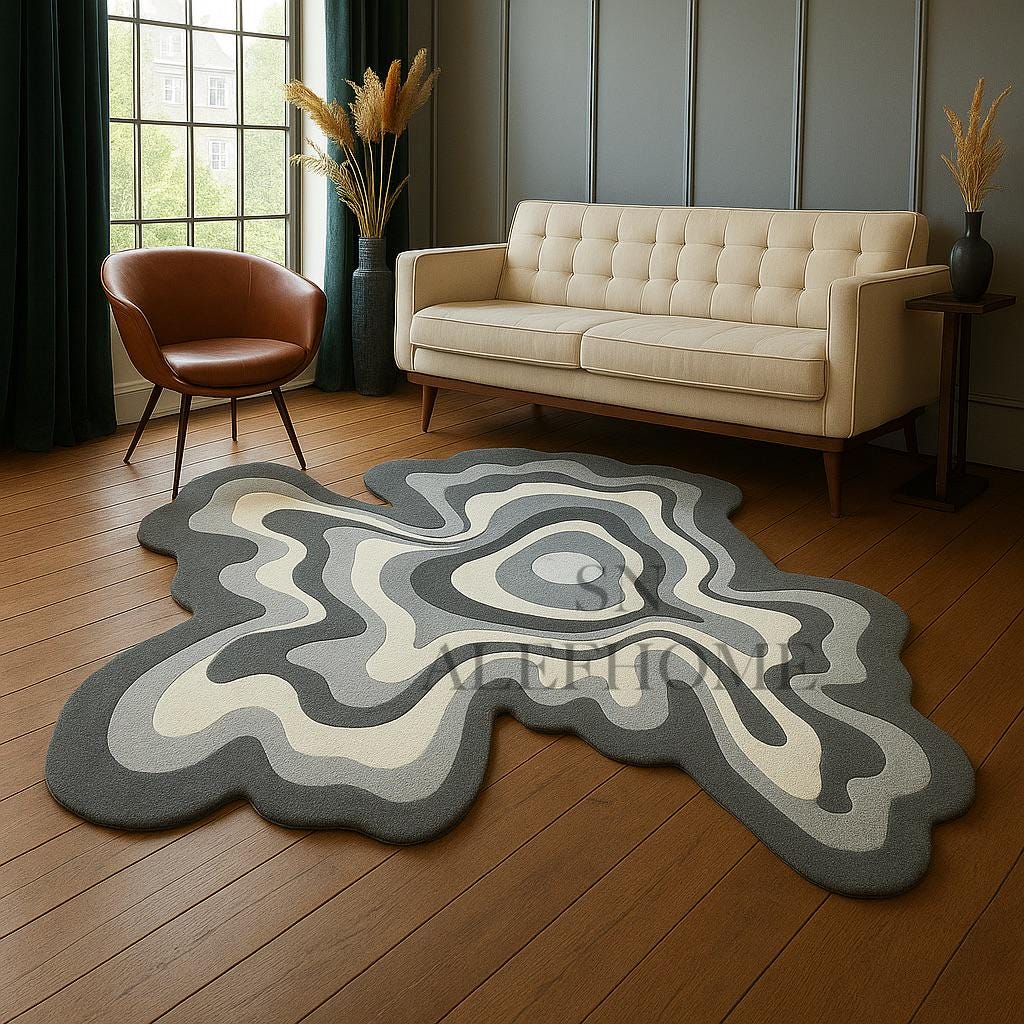 Grey & White Abstract Wool Rug – Hand-Tufted Wavy Design Irregular Area Rug for Living Room - Alef home