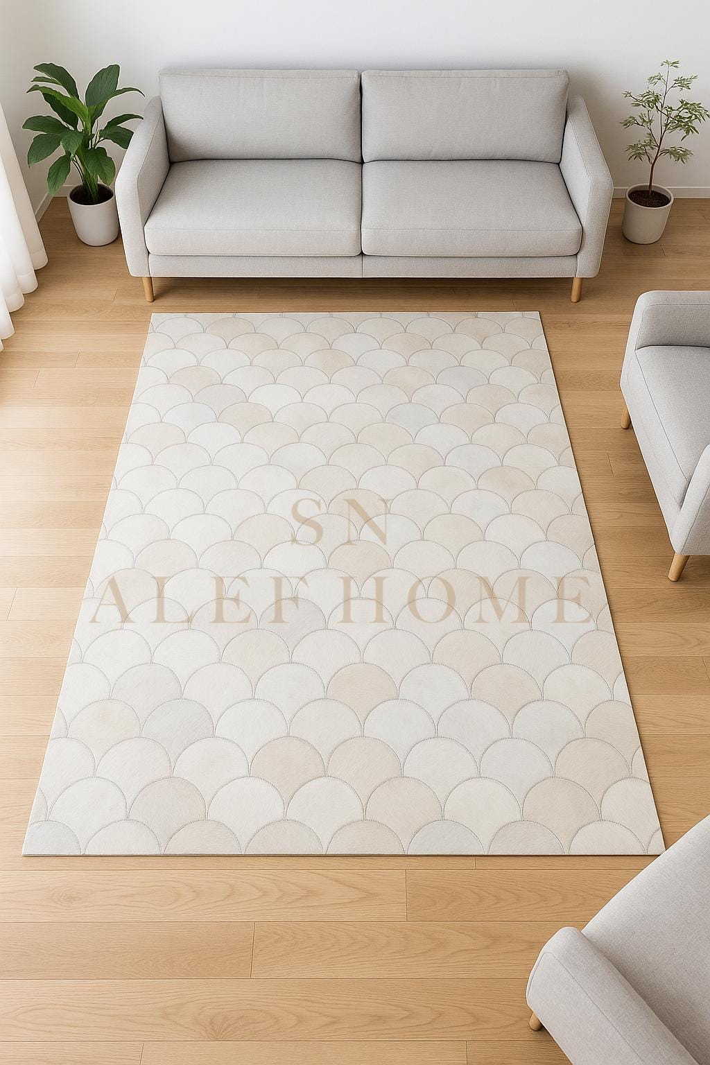 White Leather Cowhide Rug – Handmade Half-Moon design Hairon Patchwork Carpet - Alef home