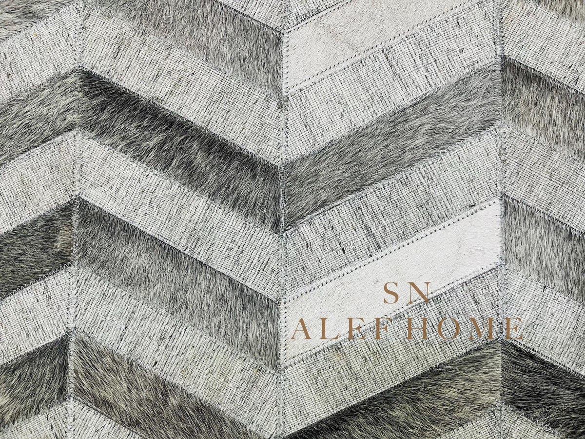 Chevron Cowhide Patchwork Rug: Grey & White Leather (8x10 ft) - Alef home