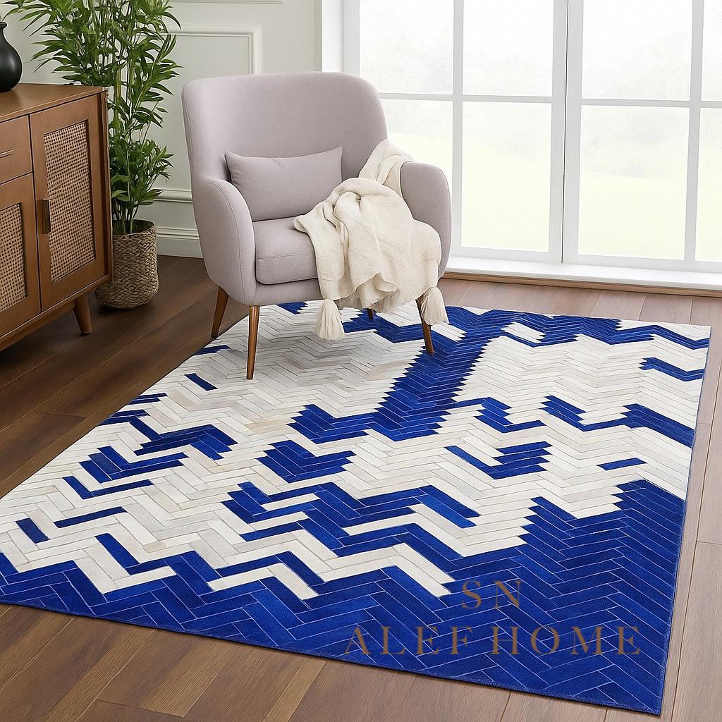 Handmade Chevron Cowhide Rug: Blue & White Leather Patchwork Carpet - Alef home