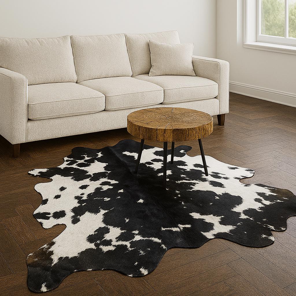 Handmade Black & White Cowhide Patchwork Rug: Hair-On Leather Carpet - Alef home