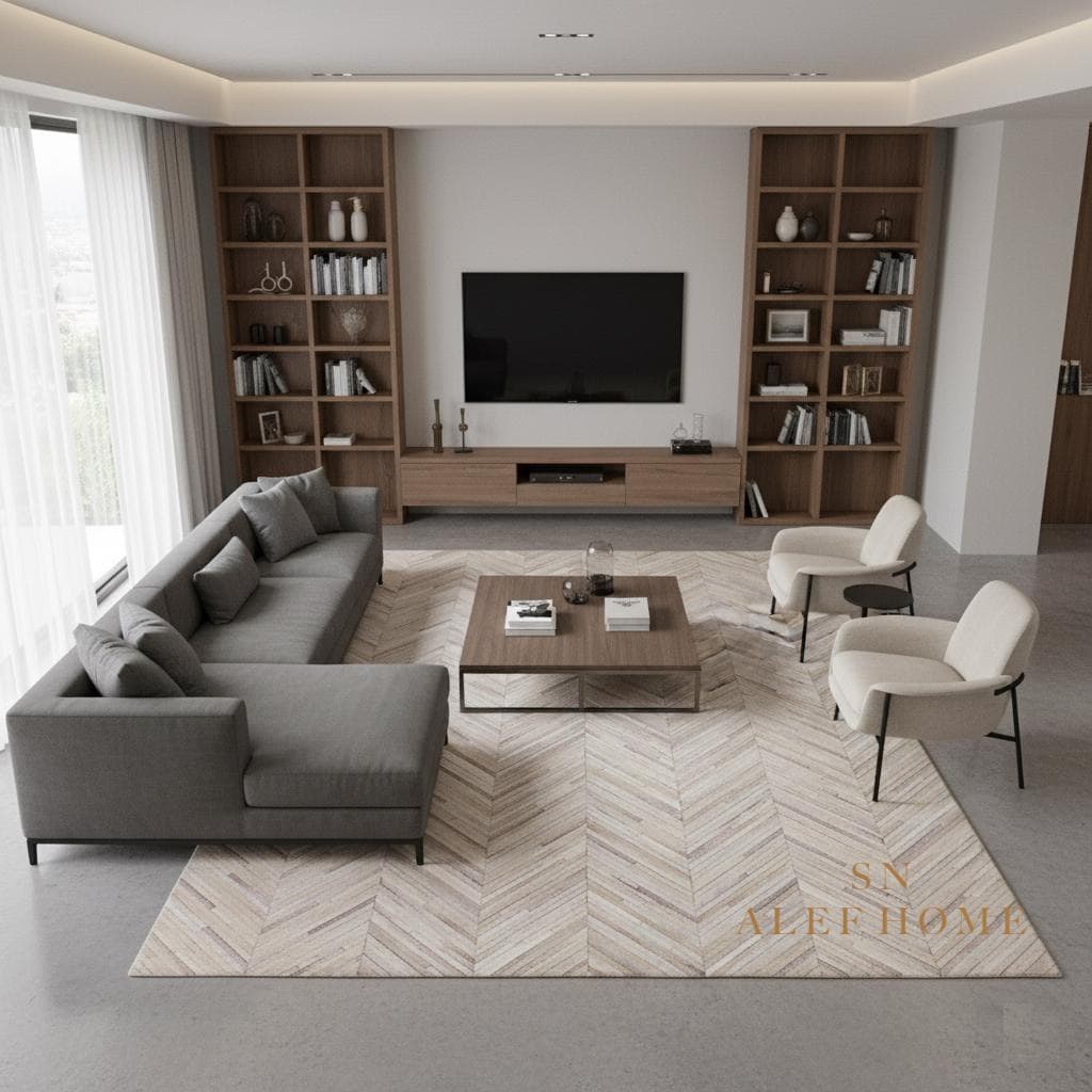 Handmade Beige Chevron Cowhide Area Rug : Modern Patchwork Leather Carpet For Home - Alef home