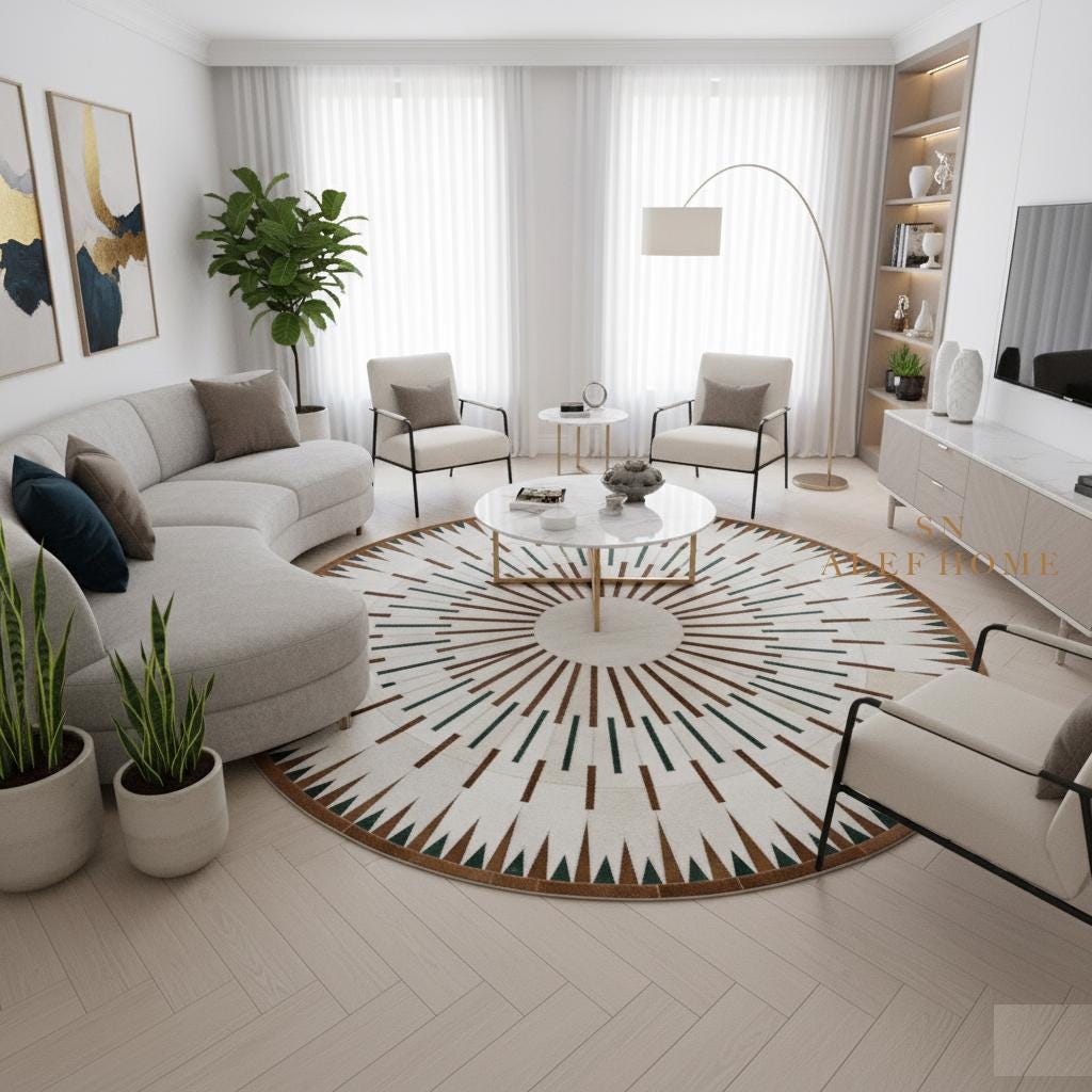 Round Cowhide Patchwork Rug – Handmade Hair-On Leather Area Carpet for Modern Home - Alef home