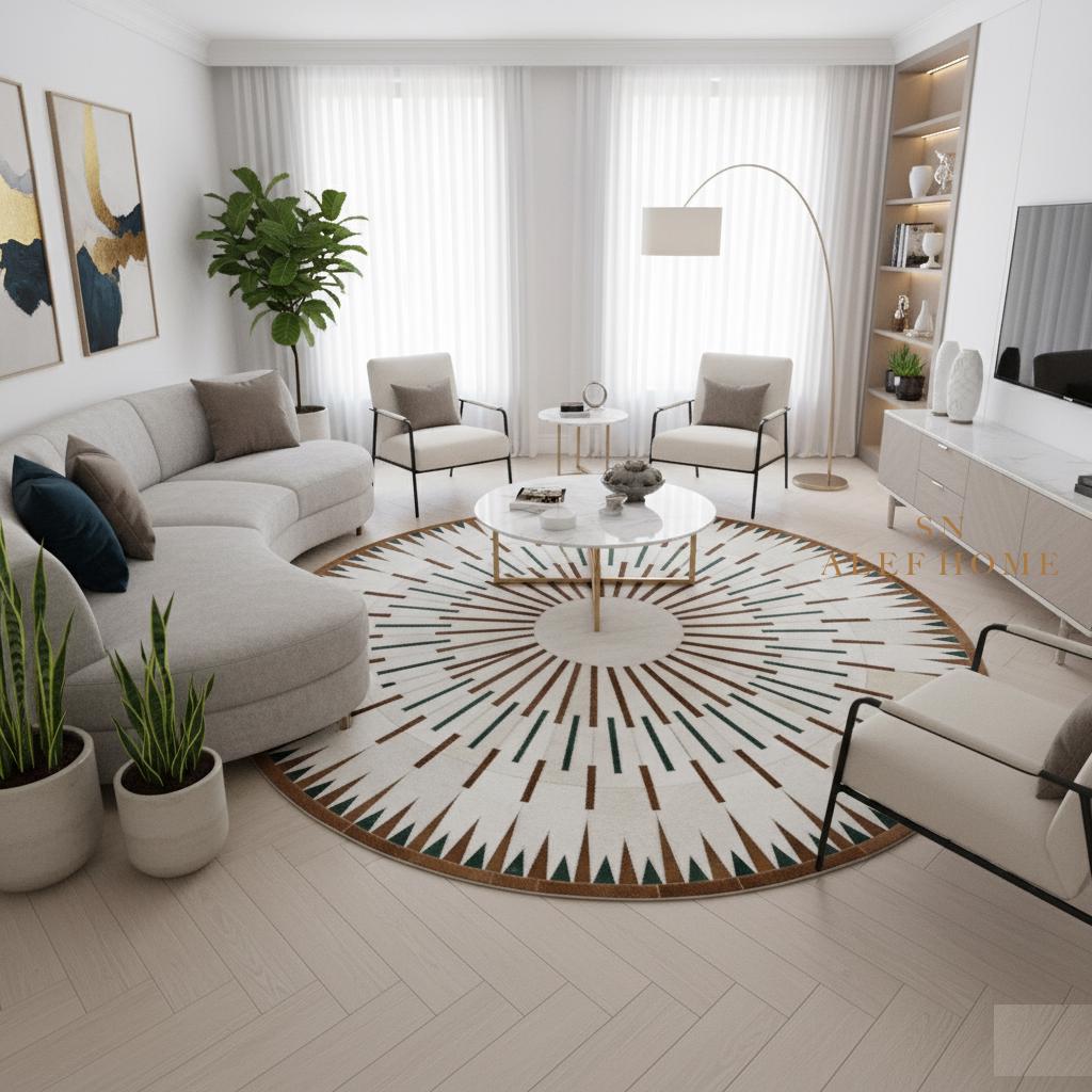 Round Cowhide Patchwork Rug – Handmade Hair-On Leather Area Carpet for Modern Home Décor - Alef home