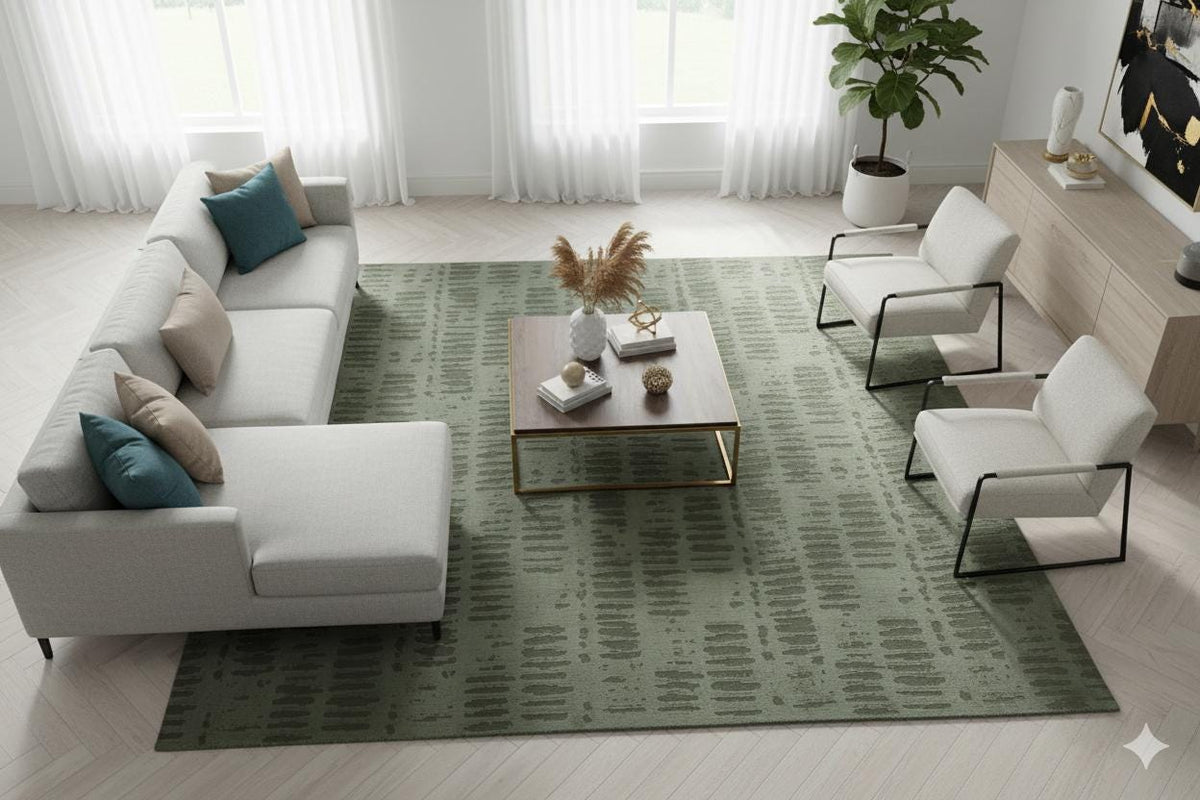 Hand-Tufted Green Wool Rug: Modern High-Low Cut & Loop Design - Alef home