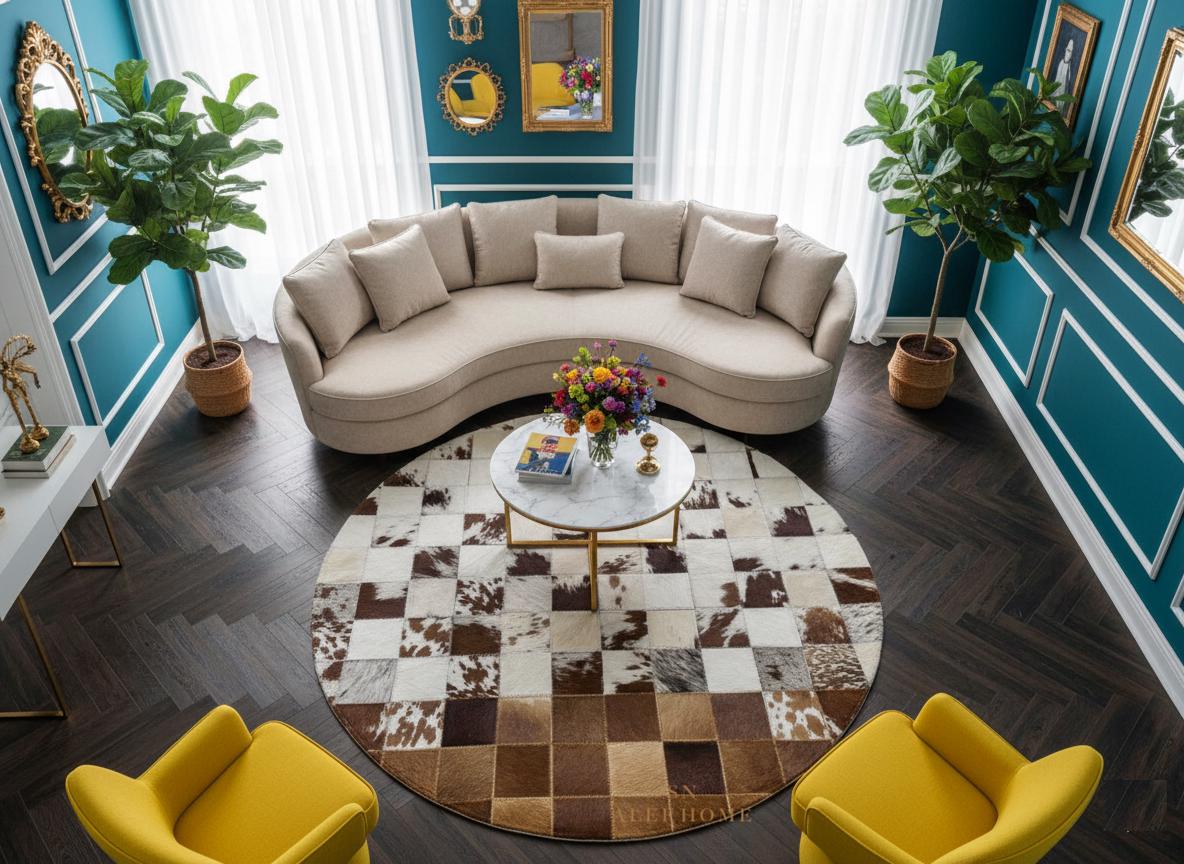 Round Cowhide Patchwork Area Rug: Brown And White Leather Round Carpet for Rustic Decor - Alef home