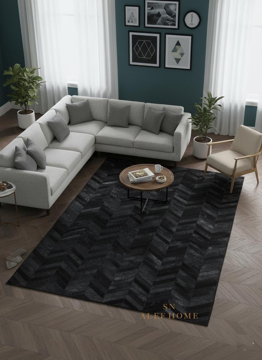 Black Chevron Leather Carpet – Handmade Cowhide Patchwork Area Rug For Living Room - Alef home