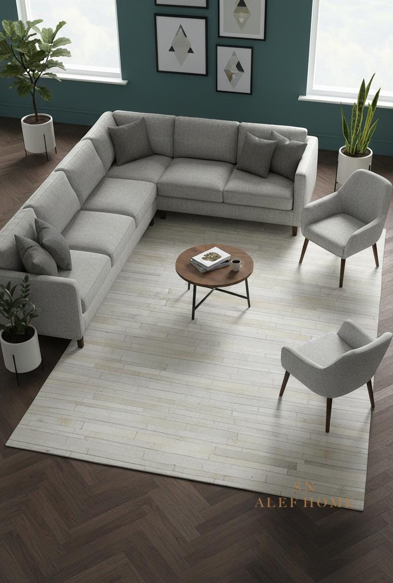 Ivory White Striped Cowhide Rug: Handmade Patchwork Hair-On Leather Carpet For Home