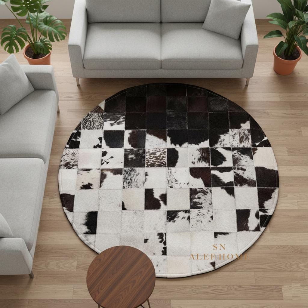 Handmade Cowhide Patchwork Rug: Round Black & White Leather Carpet - Alef home