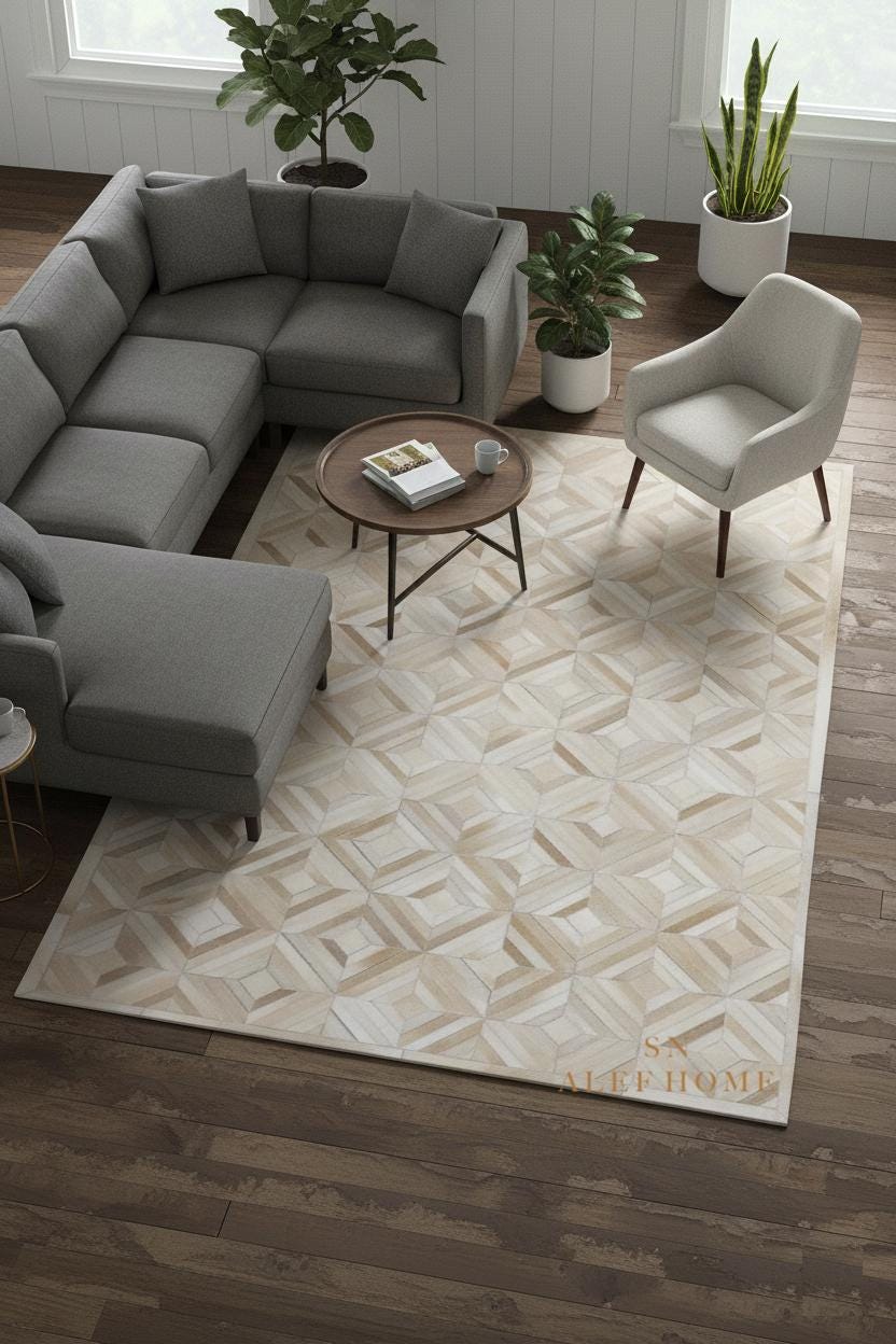 Beige Geometric Cowhide Patchwork Rug – Handmade Hair-On Leather Carpet for Modern Home Décor - Alef home