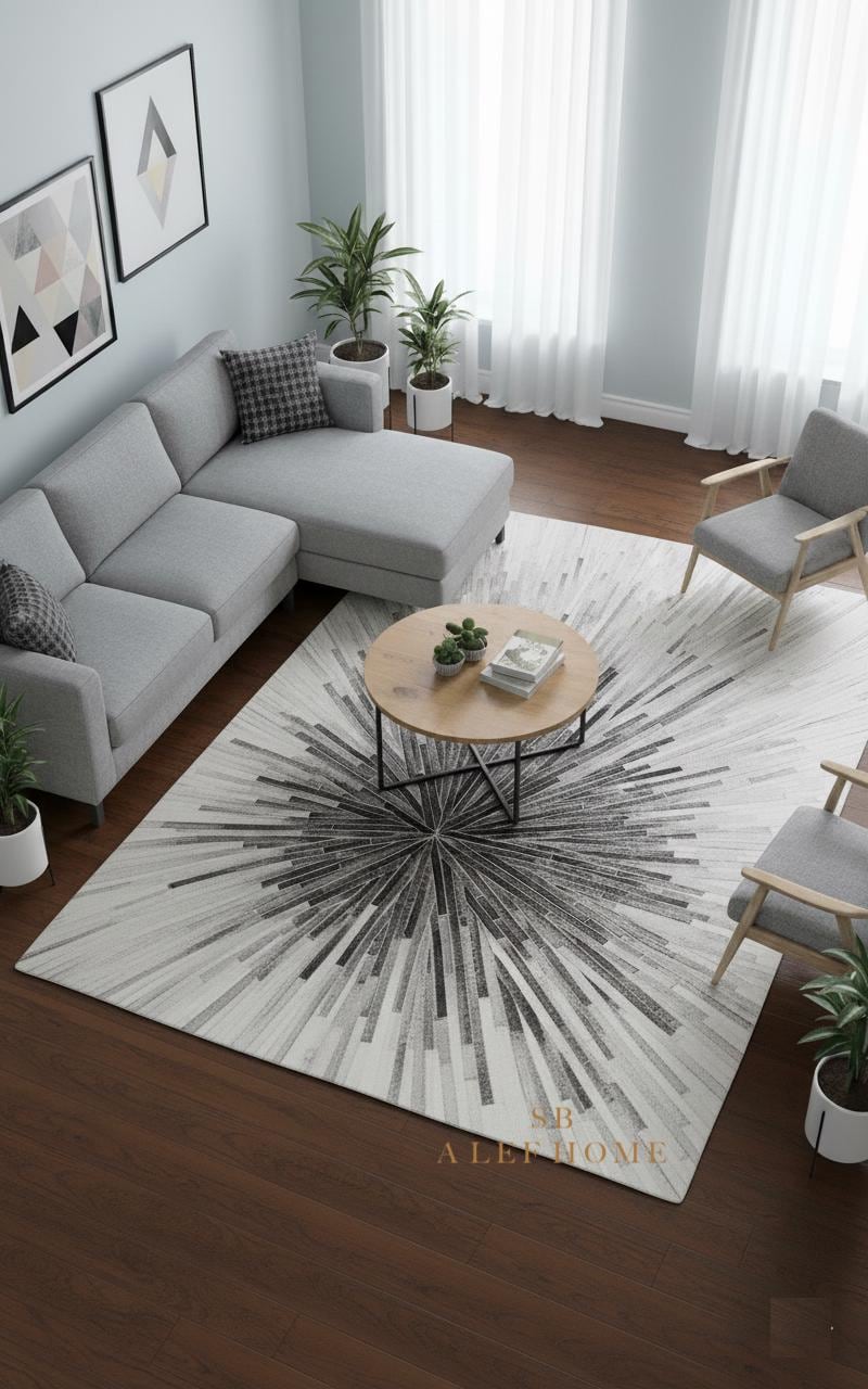 Starburst Cowhide Area Rug – Handmade GeometricPatchwork Hairon Leather Carpet For Home - Alef home