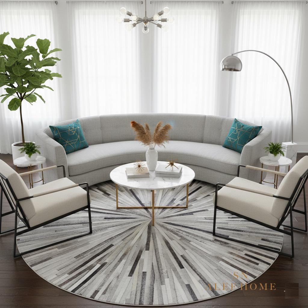 Handmade Starburst Cowhide Rug: Round Patchwork Leather Carpet with Wool Backing - Alef home