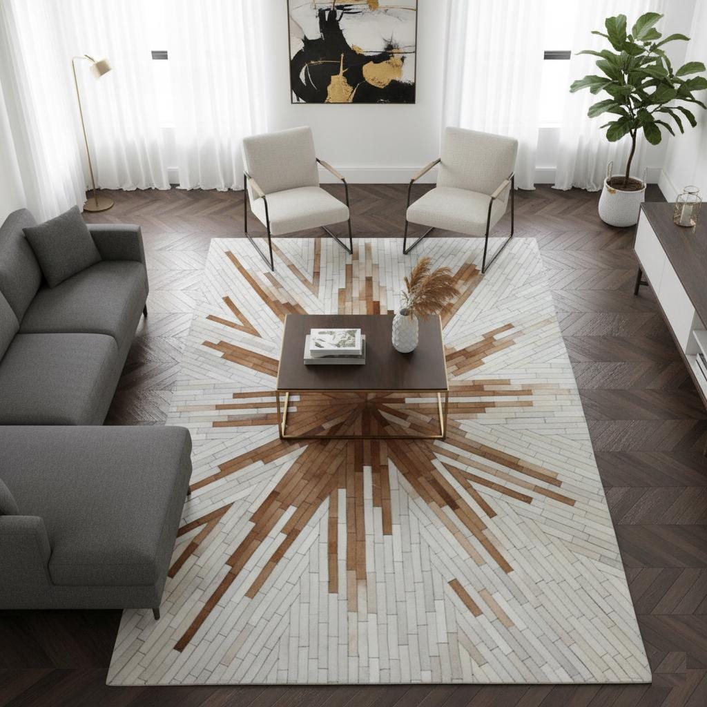 Cowhide Patchwork Area Rug: Natural Brown & White Hair-On Leather - Alef home