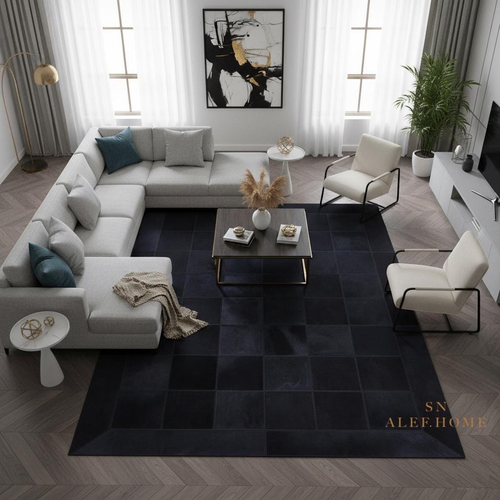 Luxury Black Cowhide Area Rug – Patchwork Hair-On Leather Carpet for Dining Spaces - Alef home