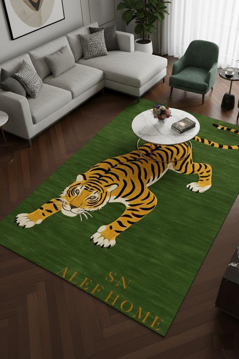 Handmade Wool Tiger Rug: Green Statement Carpet, Luxury Living - Alef home