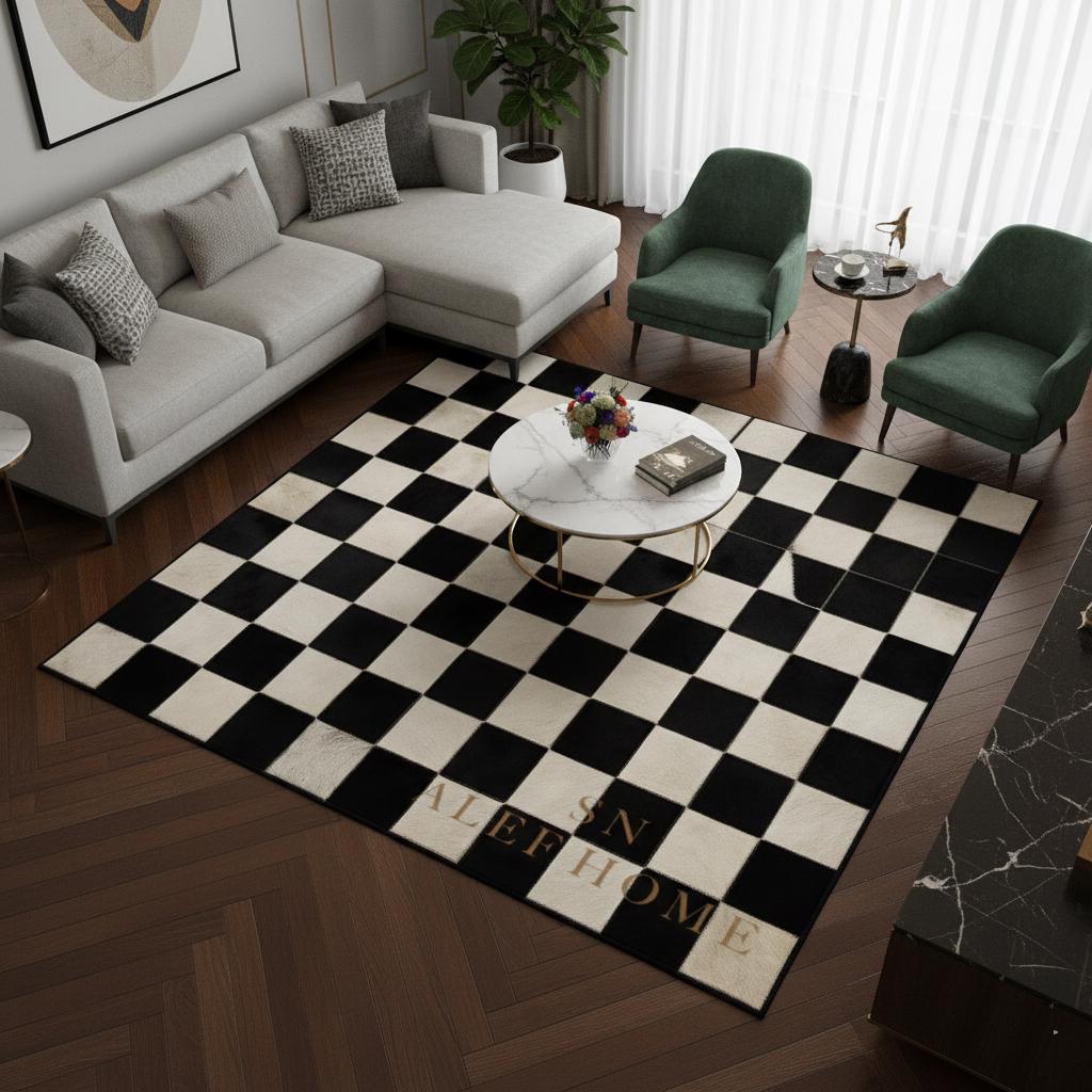 Handmade Cowhide Checkerboard Rug: Black & White Hair-On Leather Carpet - Alef home