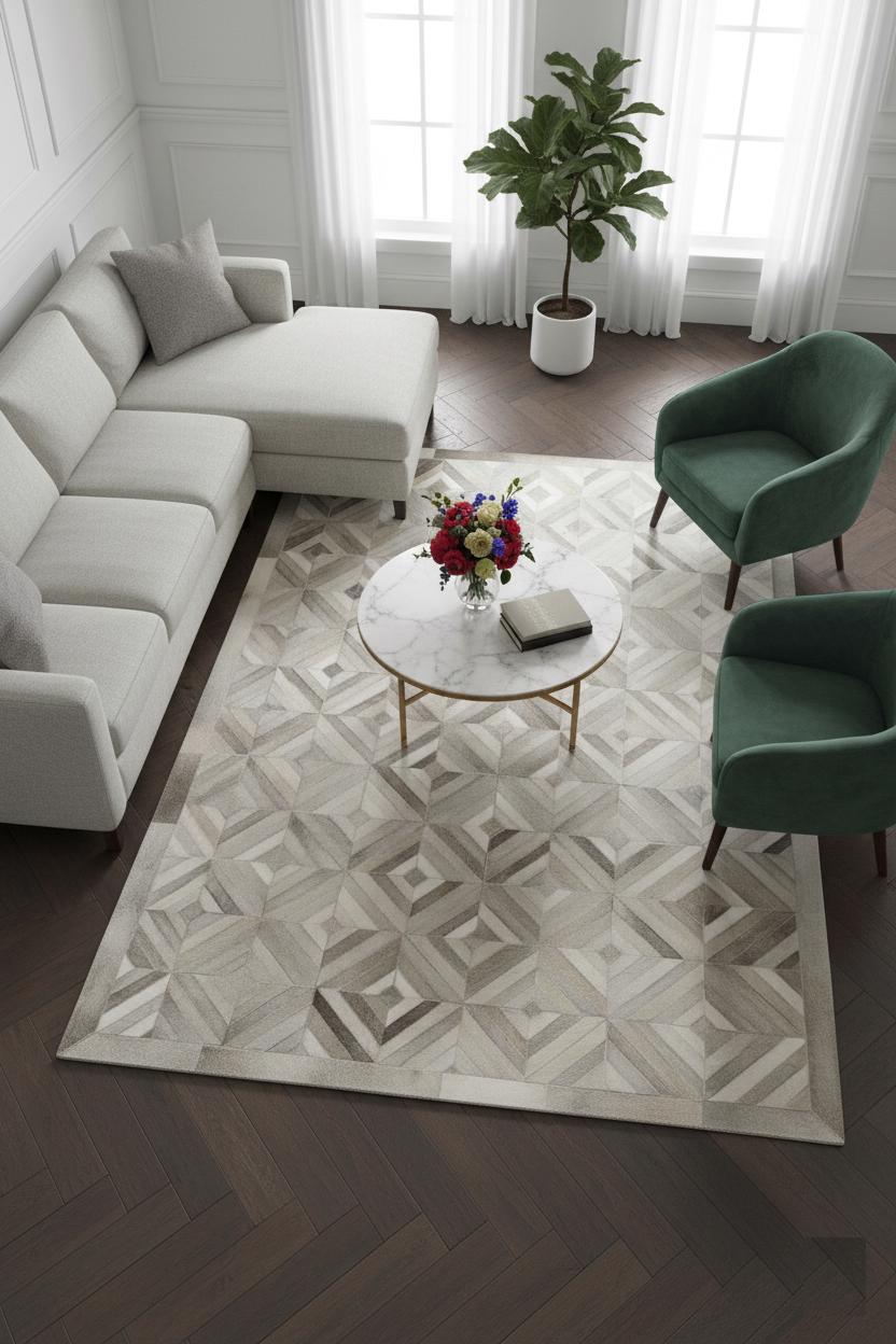 Geometric Cowhide Patchwork Rug: Handmade Hair-On Leather Carpet - Alef home