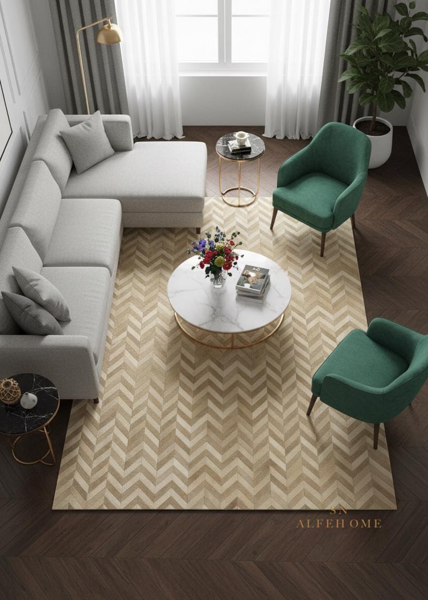 Beige Chevron Cowhide Rug – Handmade Hair-On Leather Patchwork Carpet for Modern Home - Alef home