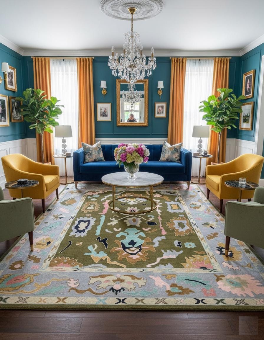 Hand-Tufted Oushak Wool Rug: Olive Green Pastel Boho Carpet