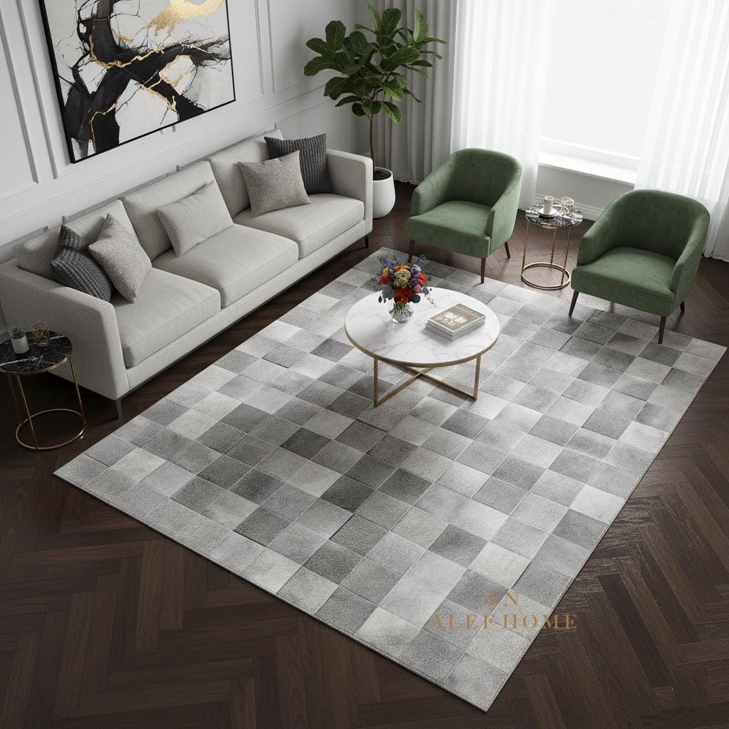 Handmade Gray Cowhide Patchwork Rug – Modern Hair-On Leather Area Carpet for Home Décor - Alef home