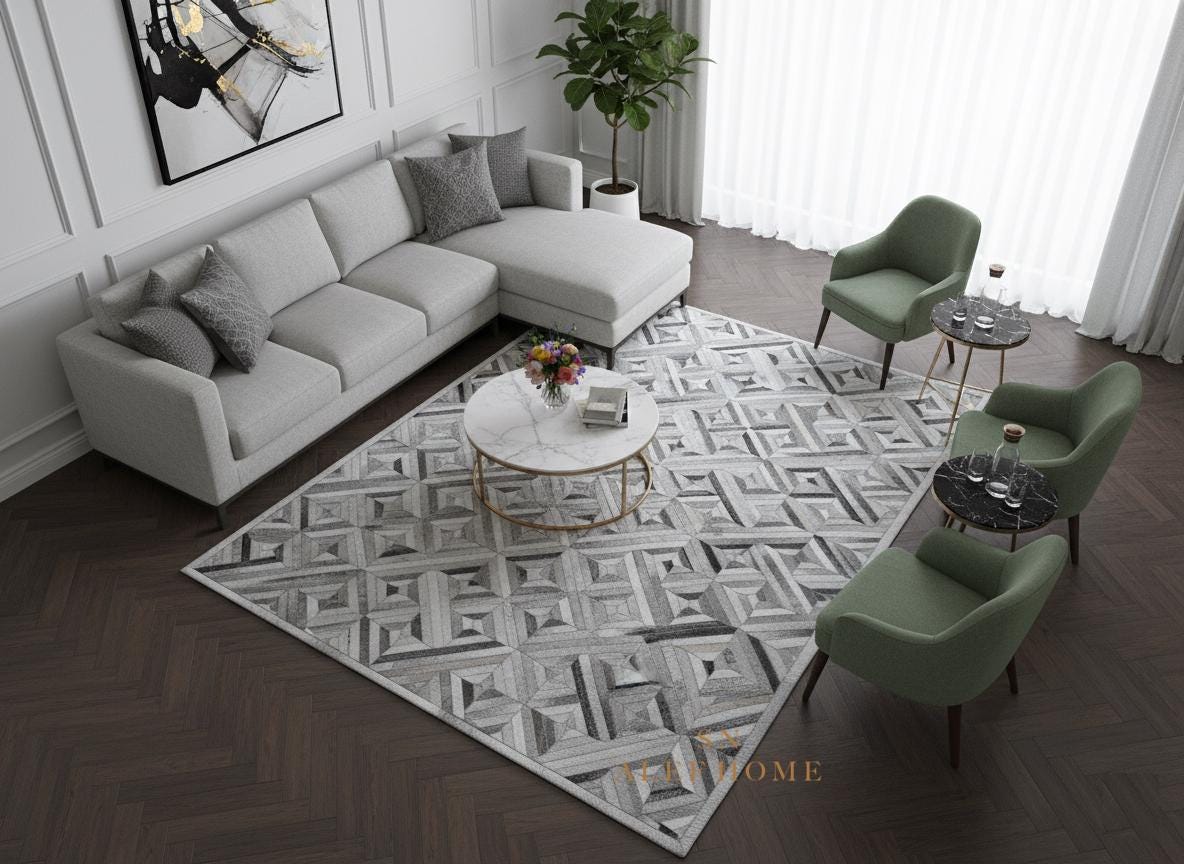 Grey Cowhide Patchwork Rug – Handmade Geometric Hair-On Leather Carpet for Modern Home Decor - Alef home