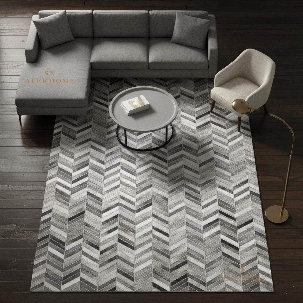 Grey Chevron Cowhide Area Rug – Handmade Modern Patchwork Hair-On Leather Carpet for Home - Alef home