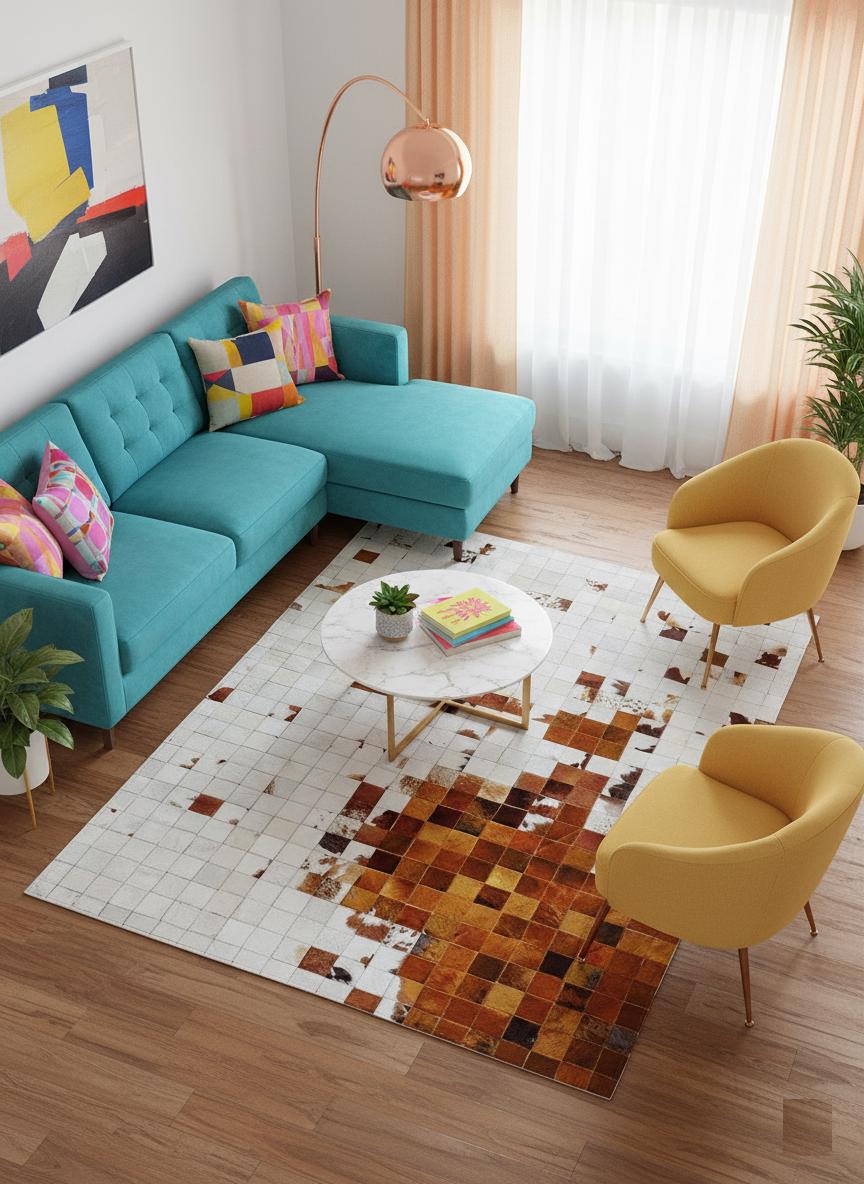 Geometric Mosaic Cowhide Area Rug – White And Brown Hair-On Patchwork Leather Carpet - Alef home