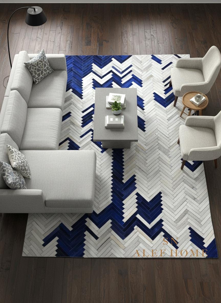 Blue Chevron Leather Carpets – Handmade Cowhide Patchwork Area Rug For Living Room - Alef home