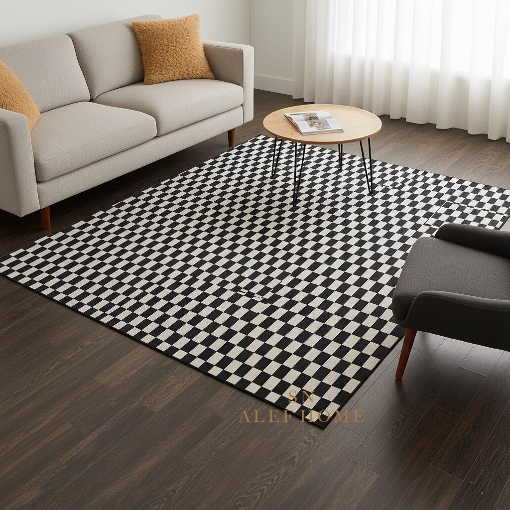 Black and White Cowhide Area Rug – Modern Checkerboard Patchwork Leather Carpet for Home - Alef home