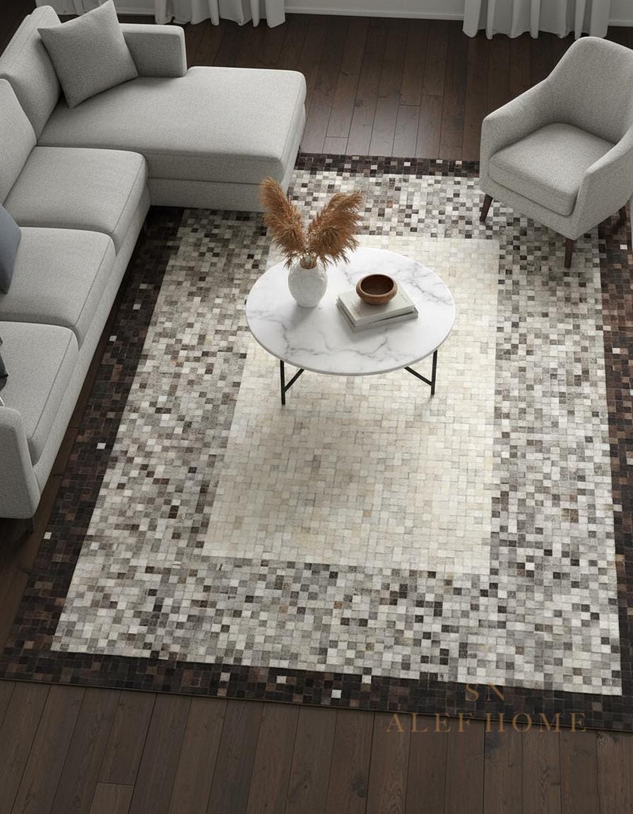 Modern Grey Cowhide Patchwork Rug – Handmade Hair-On Leather Carpet for Living Room - Alef home