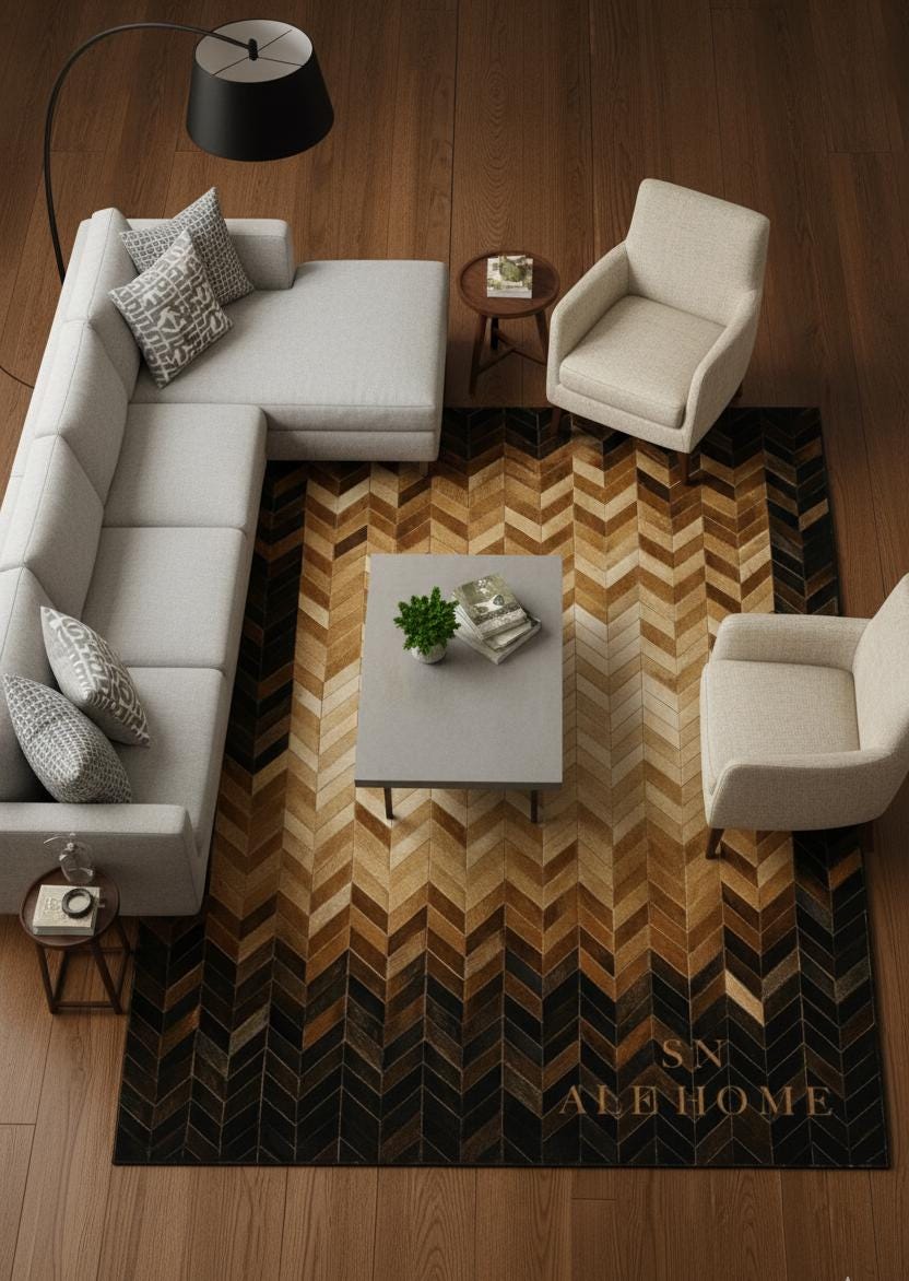 Chevron Cowhide Area Rug: Handmade Brown & Black Patchwork Leather Carpet for Living Room - Alef home