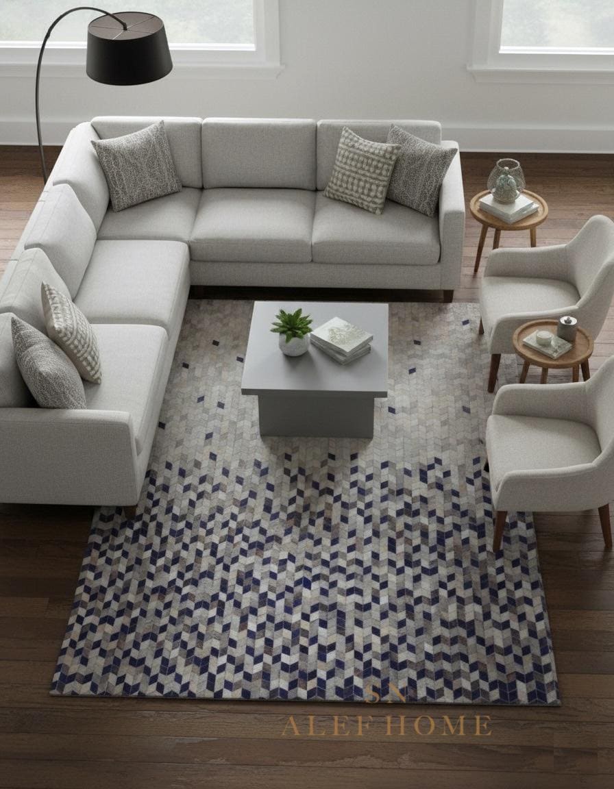 Blue Grey Geometric Cowhide Patchwork Rug – Handmade Hair-On Leather Carpet for Modern Home - Alef home