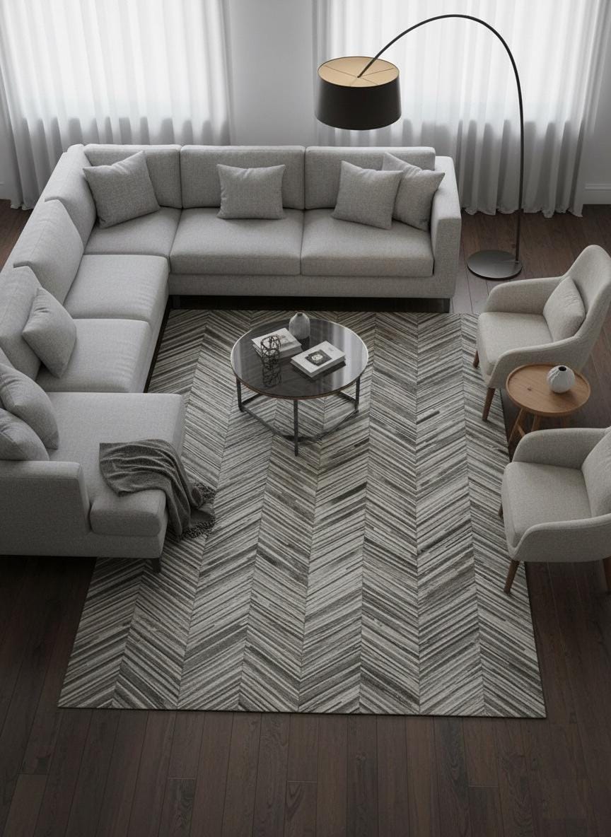 Grey Chevron Cowhide Patchwork Rug – Handmade Hair-On Leather Carpet for Home Décor - Alef home