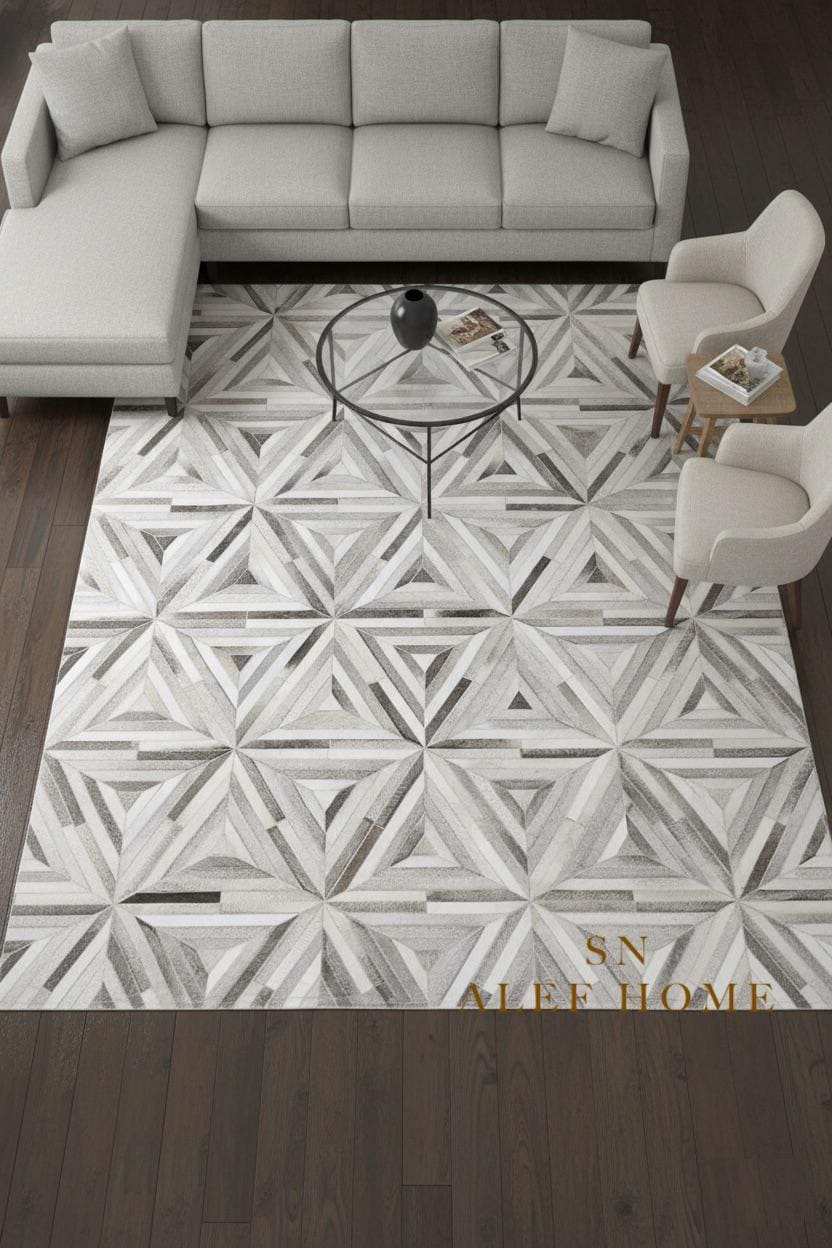 Grey Cowhide Starburst Rug – Handmade Hair-On Leather Patchwork Carpet for Modern Home Décor - Alef home