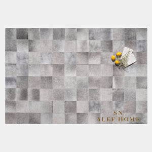 Handmade Gray Cowhide Patchwork Rug – Modern Hair-On Leather Area Carpet for Home Décor - Alef home