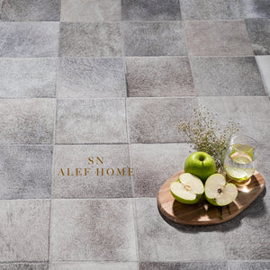 Handmade Gray Cowhide Patchwork Rug – Modern Hair-On Leather Area Carpet for Home Décor - Alef home