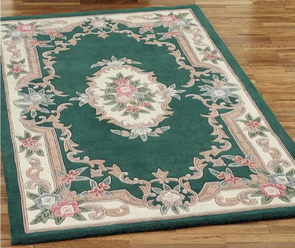 EXQUISITE HANDMADE AUBUSSON DESIGN RUG HAND TUFTED WOOLEN AREA RUG GREEN