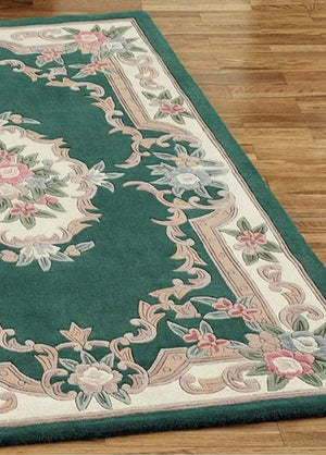 EXQUISITE HANDMADE AUBUSSON DESIGN RUG HAND TUFTED WOOLEN AREA RUG GREEN - Alef home