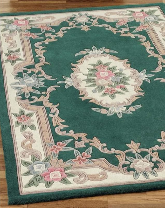 EXQUISITE HANDMADE AUBUSSON DESIGN RUG HAND TUFTED WOOLEN AREA RUG GREEN