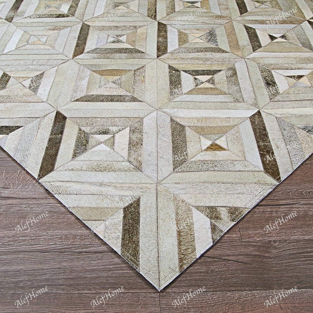 Diamond Design Leather Hairon Patchwork Beige - Alef home