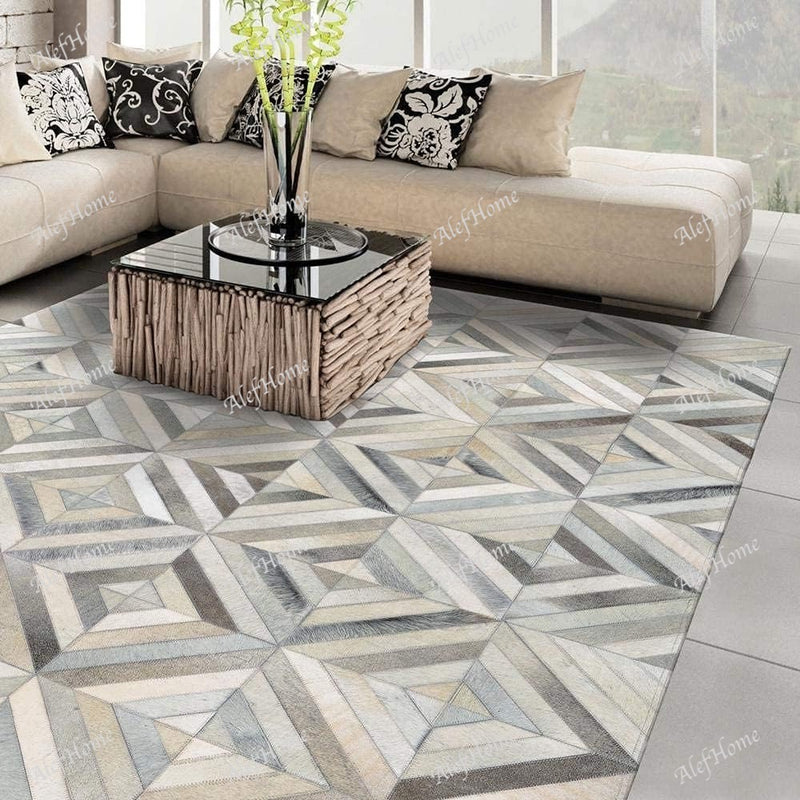 Diamond Design Leather Hairon Patchwork Beige - Alef home