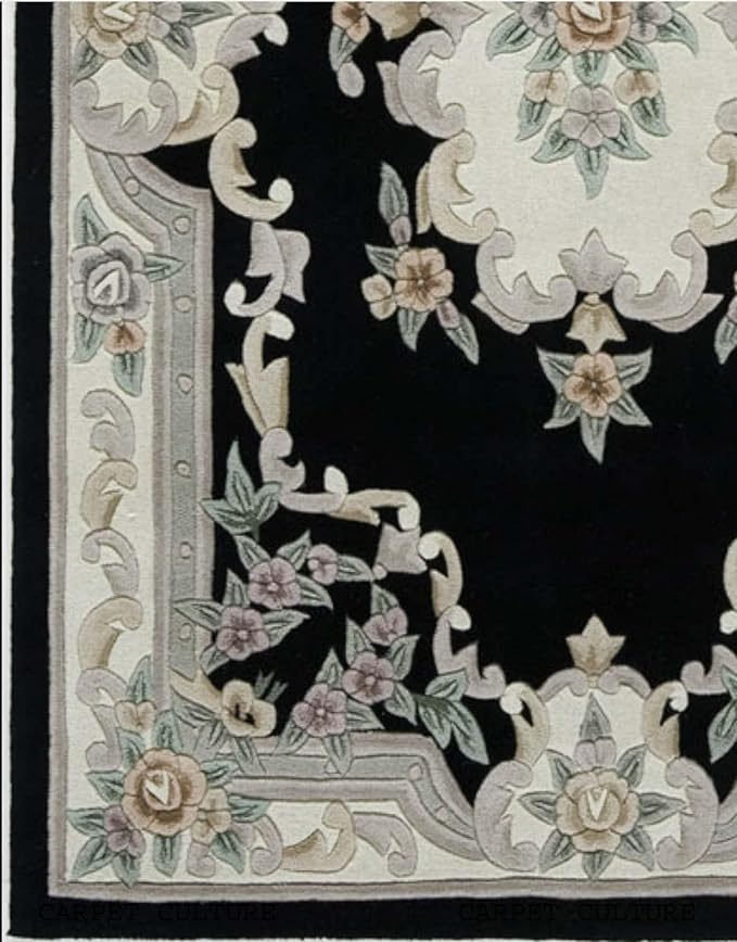 EXQUISITE HANDMADE AUBUSSON DESIGN RUG Hand Tufted Woolen Rugs Black Colour