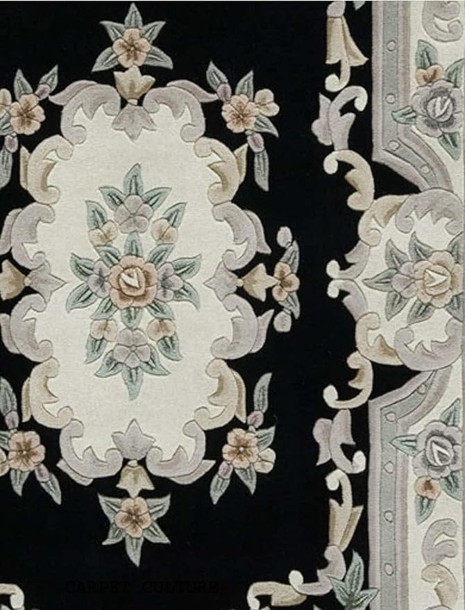 EXQUISITE HANDMADE AUBUSSON DESIGN RUG Hand Tufted Woolen Rugs Black Colour