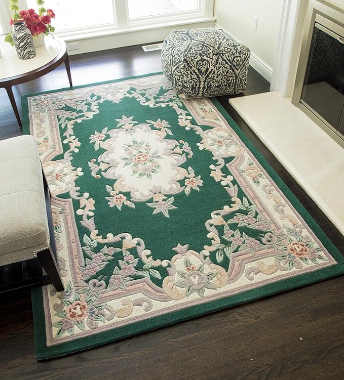 EXQUISITE HANDMADE AUBUSSON DESIGN RUG HAND TUFTED WOOLEN AREA RUG GREEN