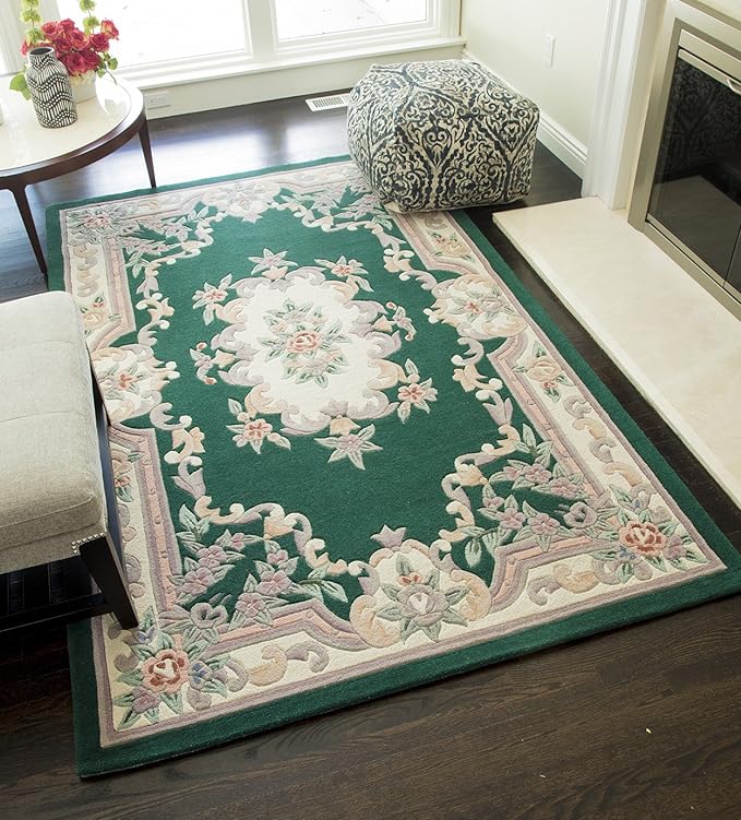 EXQUISITE HANDMADE AUBUSSON DESIGN RUG HAND TUFTED WOOLEN AREA RUG GREEN - Alef home
