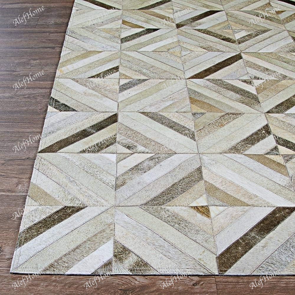 Diamond Design Leather Hairon Patchwork Beige - Alef home