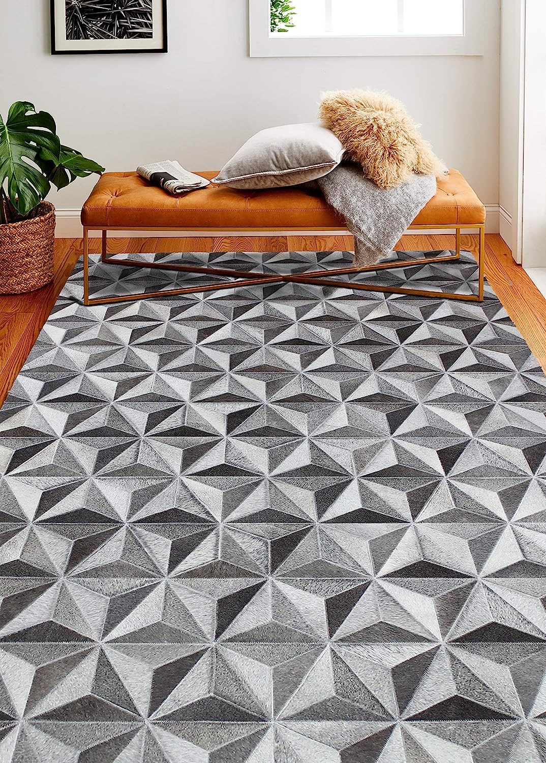 CRYSTAL DESIGN LEATHER PATCHWORK RUG GREY - Alef home