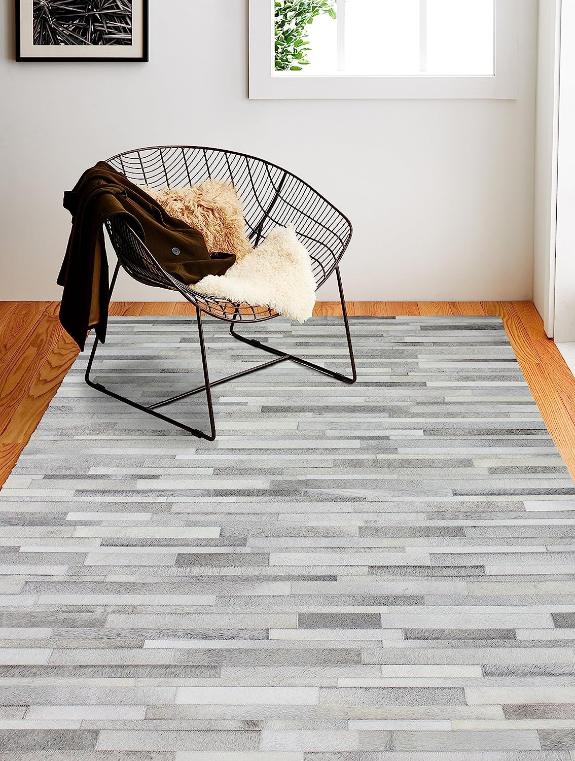 HIDE STRIPE DESIGN SILVER LEATHER AREA RUG PATCHWORK - Alef home